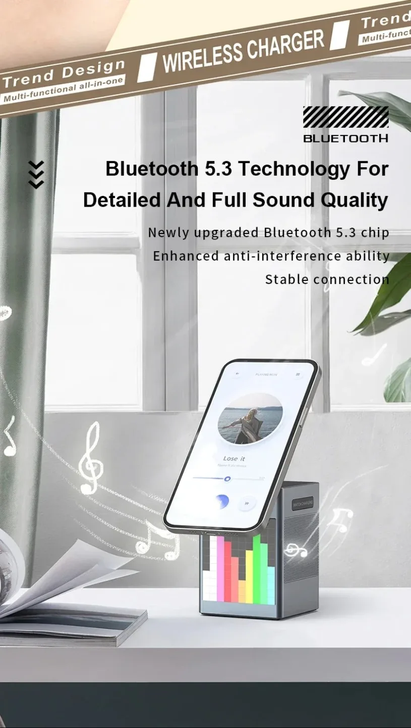 with Bluetooth Speaker Alarm Clock 6 in 1 Magnetic Multi-function Wireless Charger for Iphone 16 15 Pro Max for Airpods Iwatch
