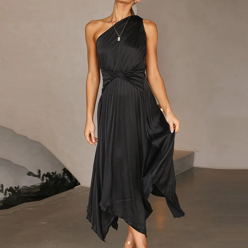 Women One Shoulder Irregular Pleated Satin Wedding Guest Dress