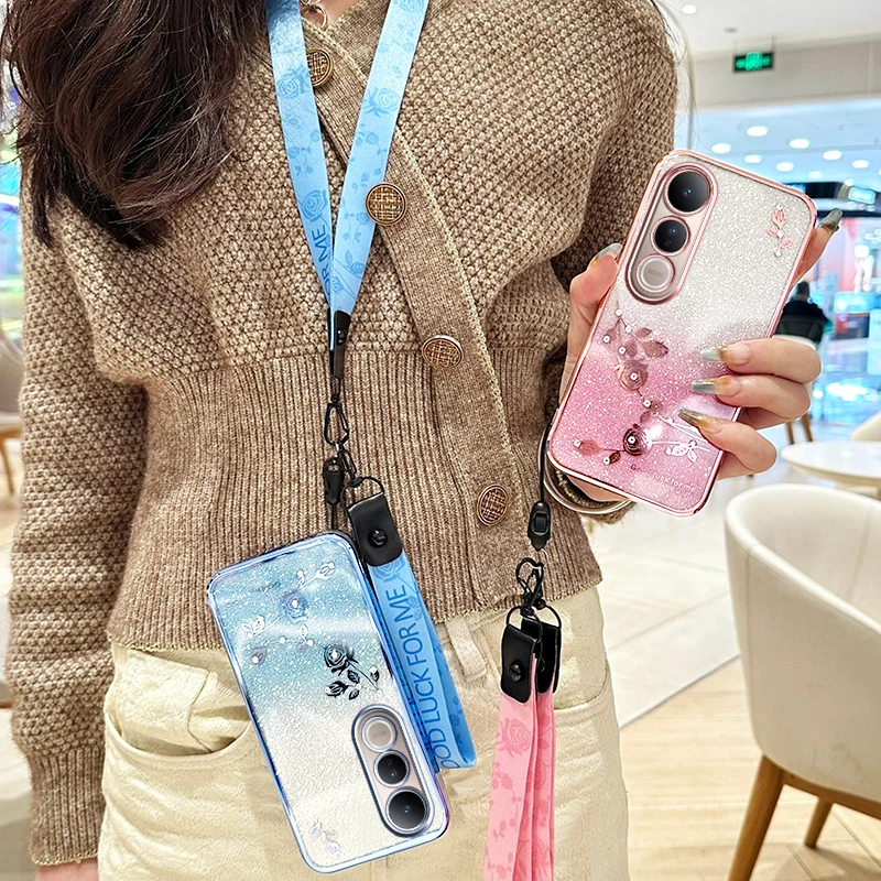New Fashionable Versatile Gradient Preserved Flower Lanyard Shockproof Cover Case