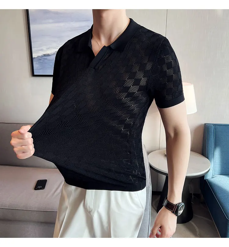 Men Transparent Mesh Knitted Polo Shirt 2022 Summer Short Sleeve V-Neck  Hollow Tee Tops Male Casual Plaid Elastic Polo Shirts - AliExpress