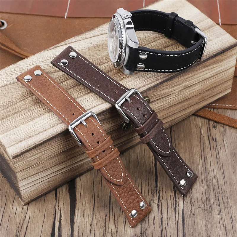 

Genuine Leather Watch Band Strap 18mm 20mm 22mm 24mm With Rivets Universal Watchband Steel Buckle Strap Wrist Belt Bracelet