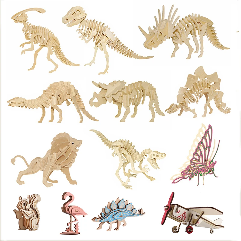 3D Effen Houten Dinosaurus Skelet Puzzel Kinderen Educatief Diy Invoegen En Assembleren Model Speelgoed Voor Kids| | - AliExpress