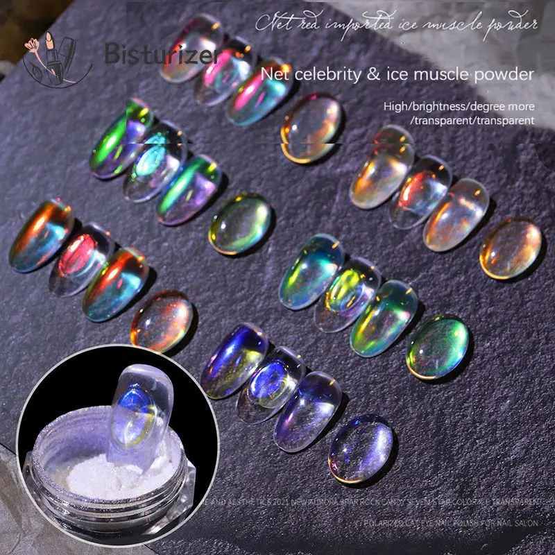Aurora Nail Glitter Powder Ice Trasparente Muscle Multicolor Rainbow Uv Gel Pigment Chrome Nail Art Decoration