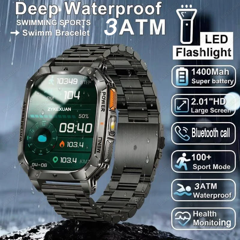 2026 New 3ATM Waterproof HD Call Smartwatch Built-in 1400mAh Super Large Battery Men Smart Watch Outdoor GPS 2.01"AMOLED Screen 1