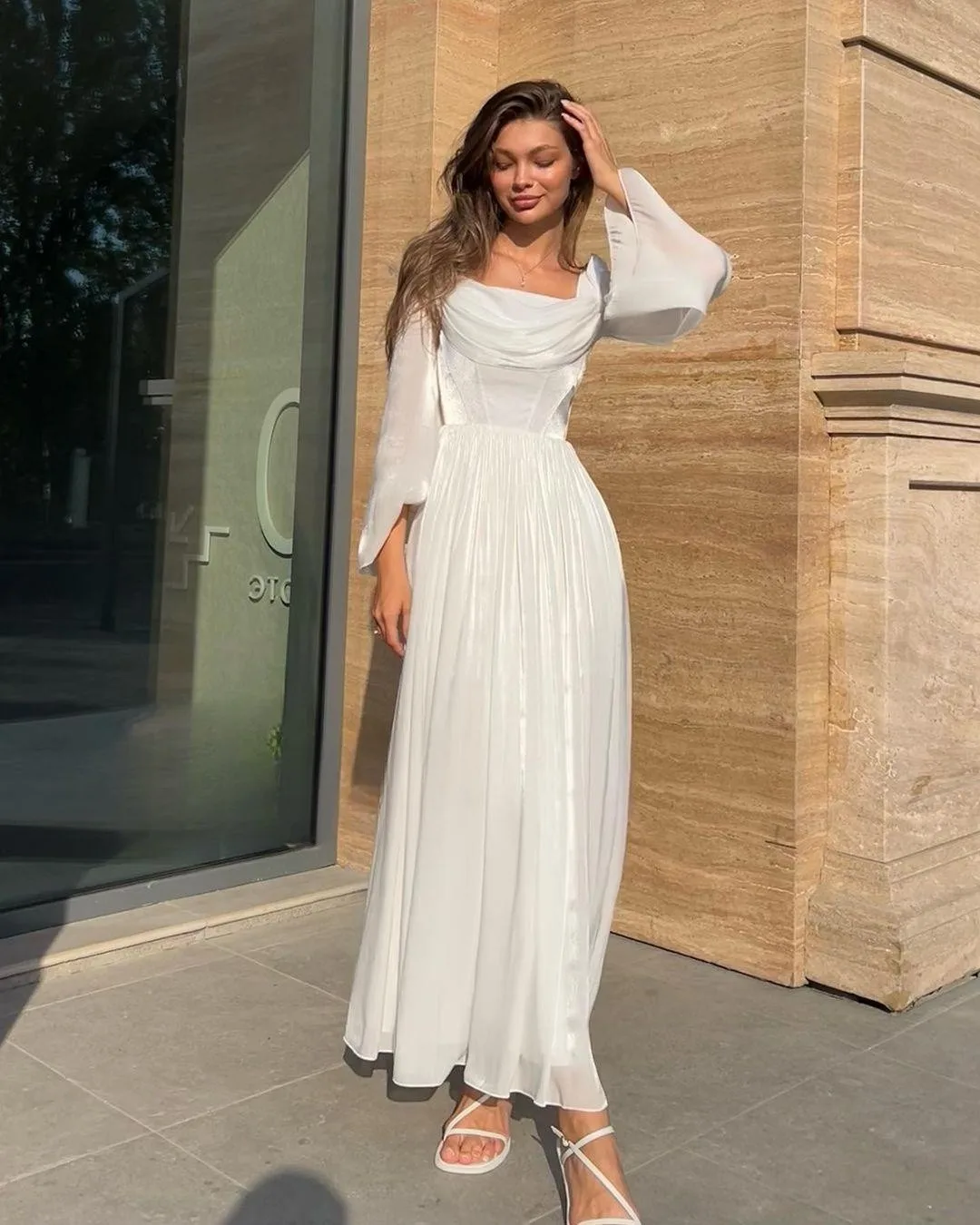 

Carolina Women Evening Gowns Long Sleeves Square Neck Prom Dresses A-Line Pleated Chiffon Ankle Length Formal Party Dresses