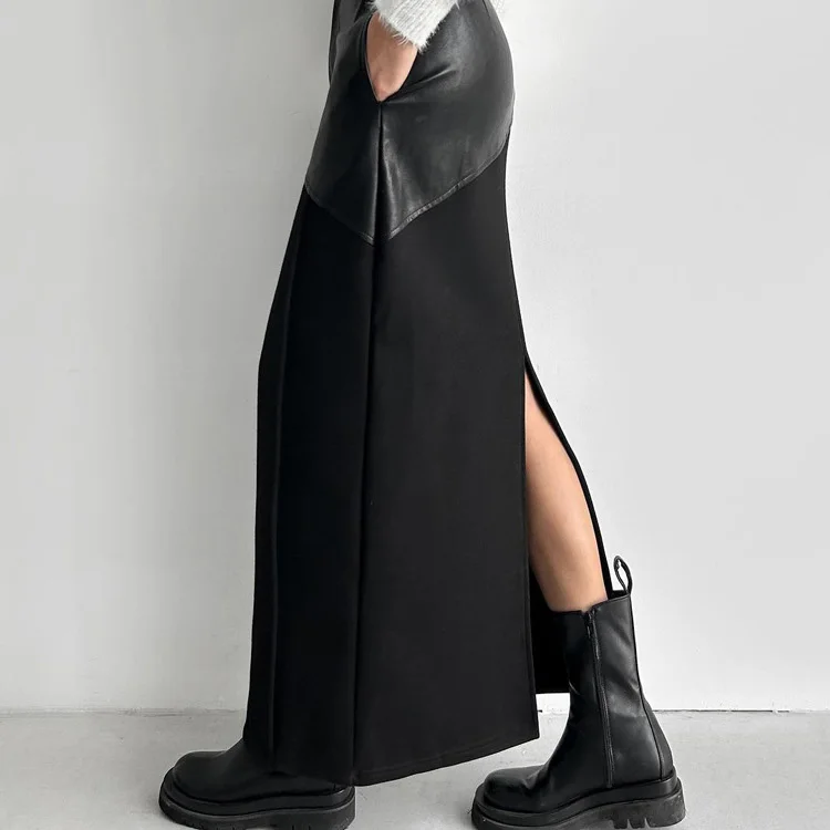 Mumaroho 2025 Spring Summer Women Maxi Leather Skirts Office Solid Black High Waist Bodycon Slim Pencil Long Skirt For Women