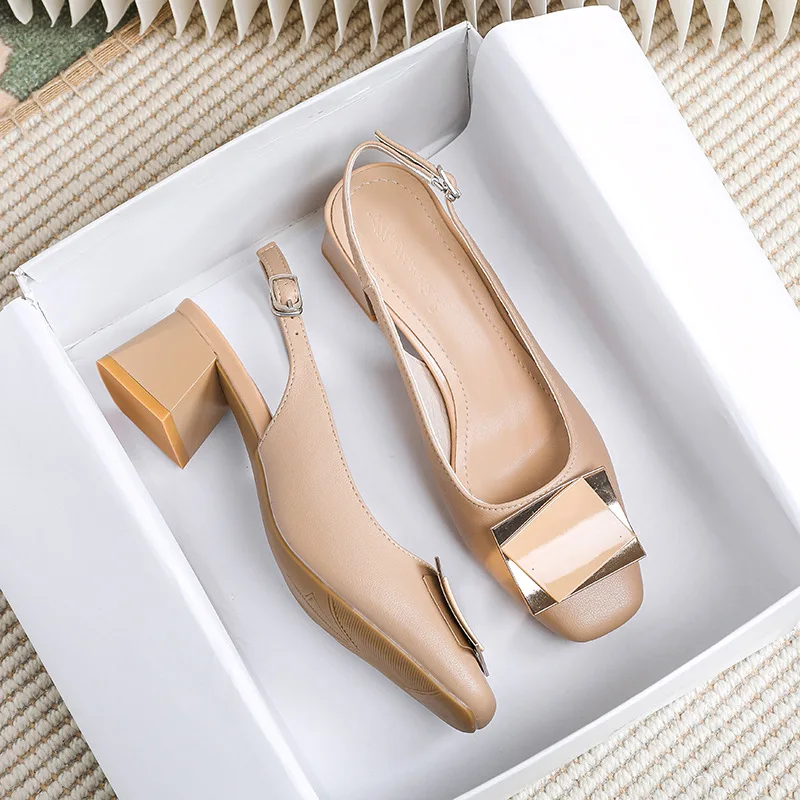 Women Genuine Leather Pumps Slingback Punk Studs Rivet Shoes Square Toe Block High-heels Nude Pump Lady 32-43