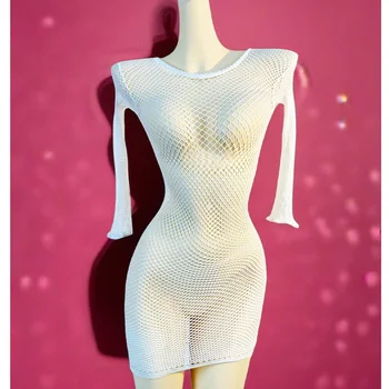 1PC Women Fishnet Cover Up Without Bikini Sexy Lingerie See Through Hollow Out Bodycon Dress Long Sleeve Beachwear Qq609