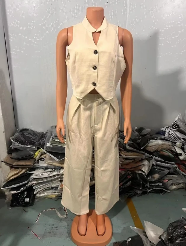 Leisure Fashion 2024 Women Pants Set Hot Selling Stand Collar Sleeveless Buttoned Vest Top & Straight Leg Pants Set Daily Work