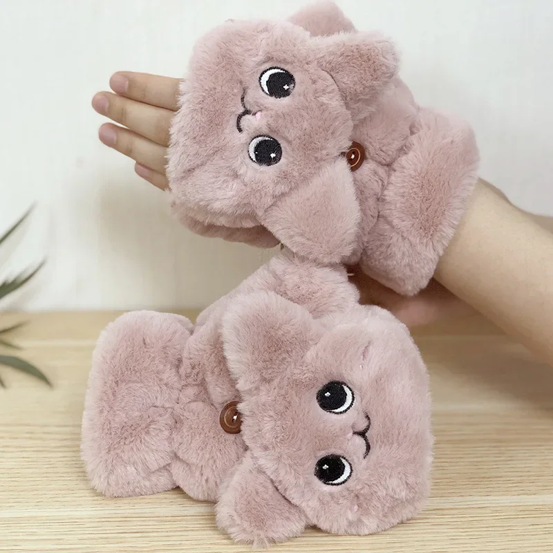 Lovely Plush Cat Mittens Fingerless Gloves Women Winter Warm Rabbit Fur Knit Mittens Flip Half Finger Gloves for Cycling Driving 5