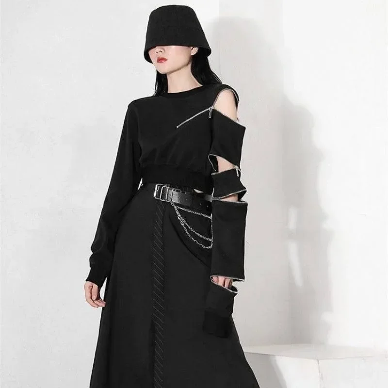 Cropped Sweatshirts Fashion Hoodies Women O-neck Zipper Goth Pullovers Y2k Hollow Out Sexy Korean Sweatshirt Kpop Ropa Mujer 후드티 5