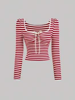 Women's Contrast Bow Front Striped T-Shirt, Autumn T-Shirt,  T-Shirt, Cute T-Shirt, Casual T-Shirt 1