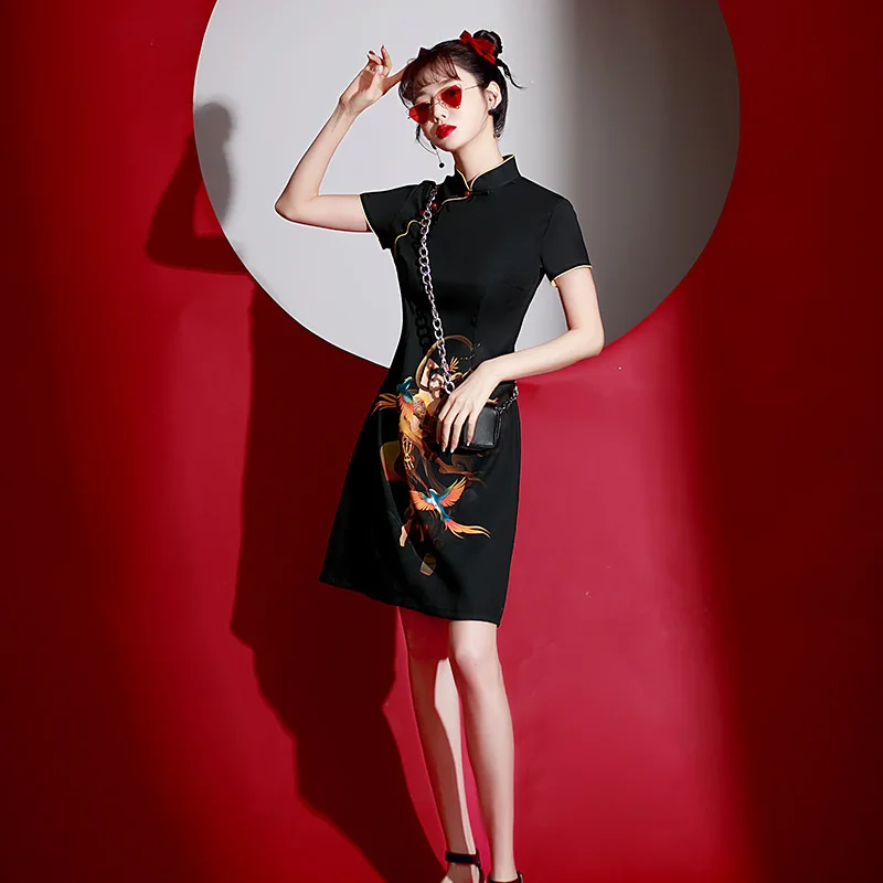 

Summer Short Sleeves A-Line Phoenix Beauty Printed Satin Chinese Cheongsam Traditional Mandarin Collar Qipao Retro Women Dress