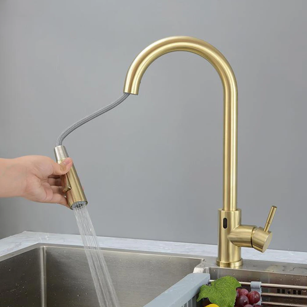 Onyzpily Matte Black Induction Kitchen Faucet Touchless Sense Faucets Pull Out Sink Tap Hot Cold Water Mixer Brushed Gold Taps kitchen faucet sale