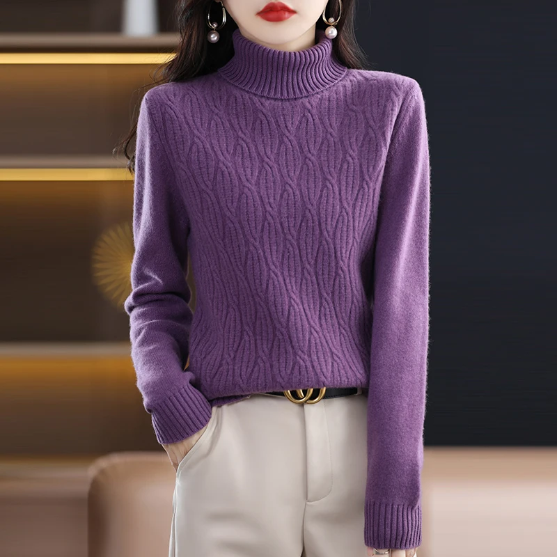 

100% Wool Autumn Winter Women Knitwear Sweater Pulloversleeve Turtleneck Sweater Jumper Female Solid Loose Women Tops