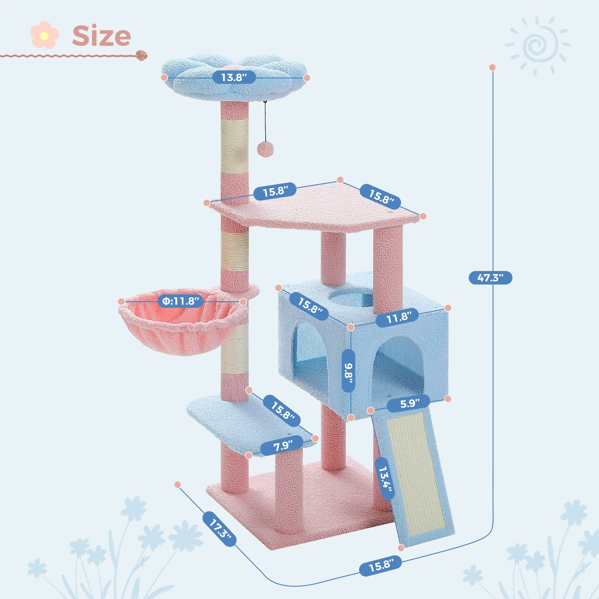 Multi-Level Cat Tower with Sisal Covered Scratching Posts Cute Cat Condo for Indoor Small Medium Cats Pink Top Perch,Ramp