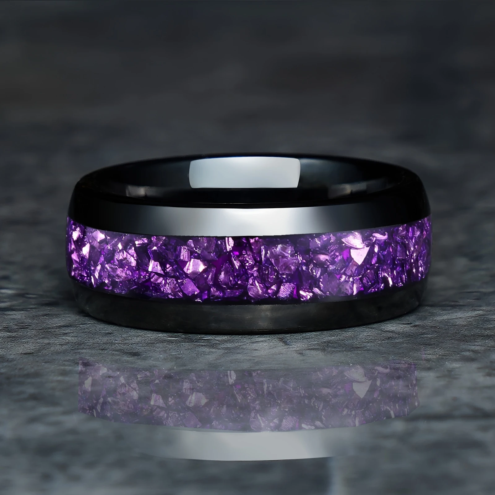 8mm Men Stainless Steel Rings Inlay Galaxy Style Purple Abalone Shell For Men Wedding Engagement Band Jewelry