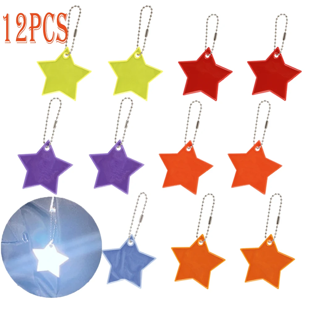 12PCS Reflector Pendant Super Bright Stars Children's Pendant Key Chain 6 Colors for Strollers/School Bag Back Pack Decorations reflective pendant