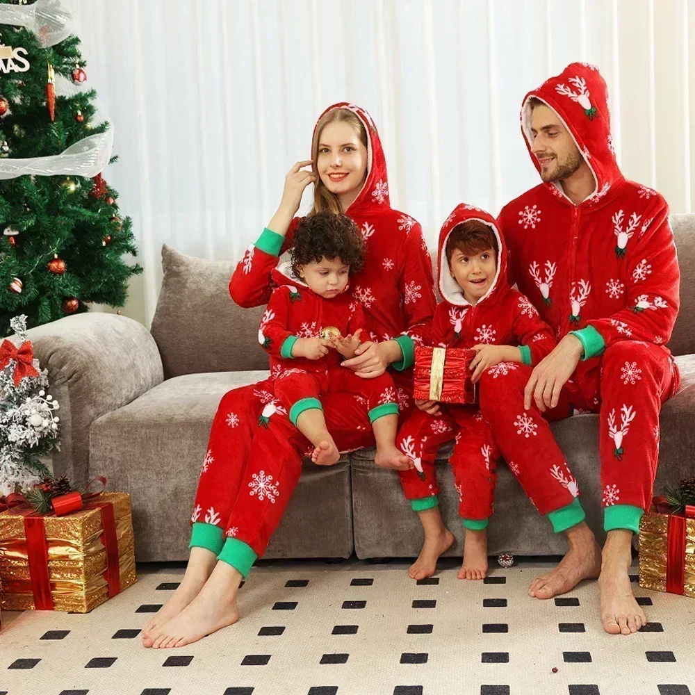 New Family Christmas Clothes Red Flannel Pajamas Warm Soft Jumpsuit Print Parent-child Matching Outfits Hooded Romper Xmas Look 2