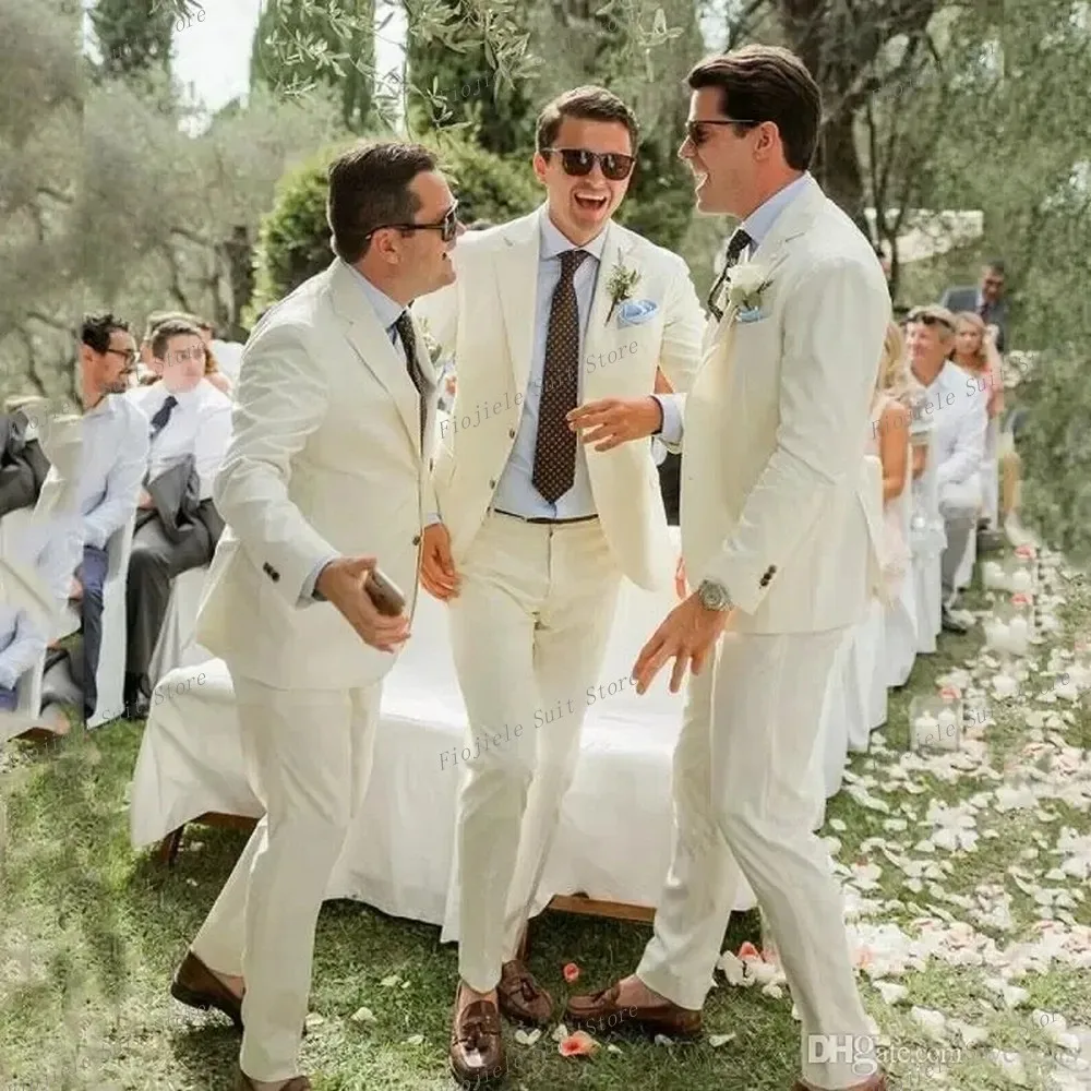 

Ivory Two Pieces Groomsmen Tuxedos Slim Fit Notched Lapel Wedding Suits Custom Made Summer Blazer and Pants