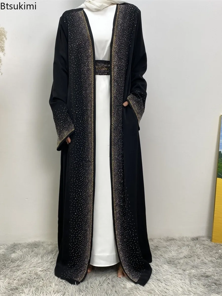 Fashion New Muslim Open Abaya for Women Diamonds Lace-up Cardigan Long Dresses Arabic Turkish Kaftan Robe Elegant Femme Musulman