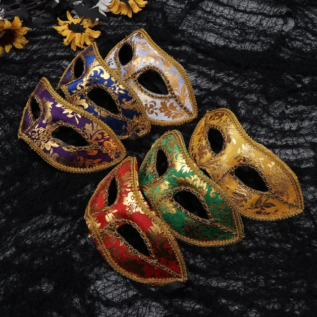 12 Pcs Venetian Mask Halloween Flower Cloth Side Eyeliner Masquerade Mask Ladies Man Mask Cosplay Performance Props Party