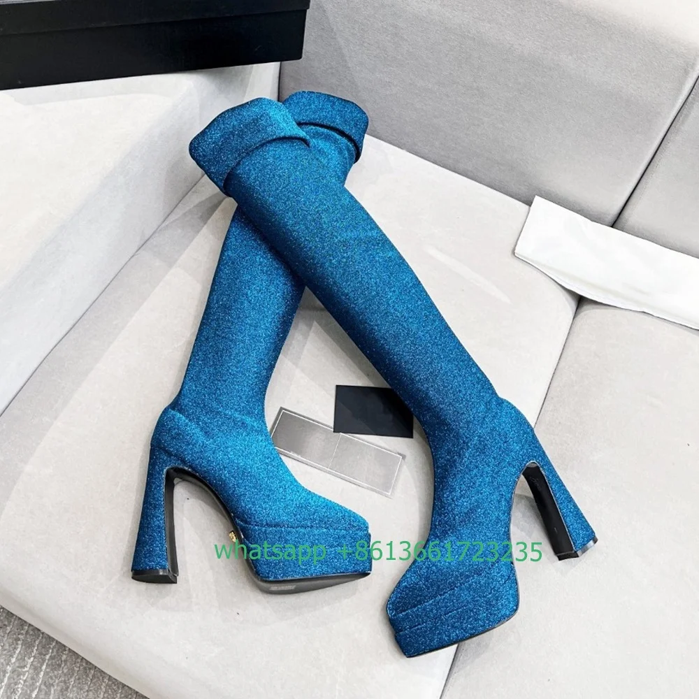 

Solid Color Sequin Cloth Platform Boots 15.5cm Chunky Heel Knee High Boots Turned-over Edge Side Zipper Shiny Women Boots