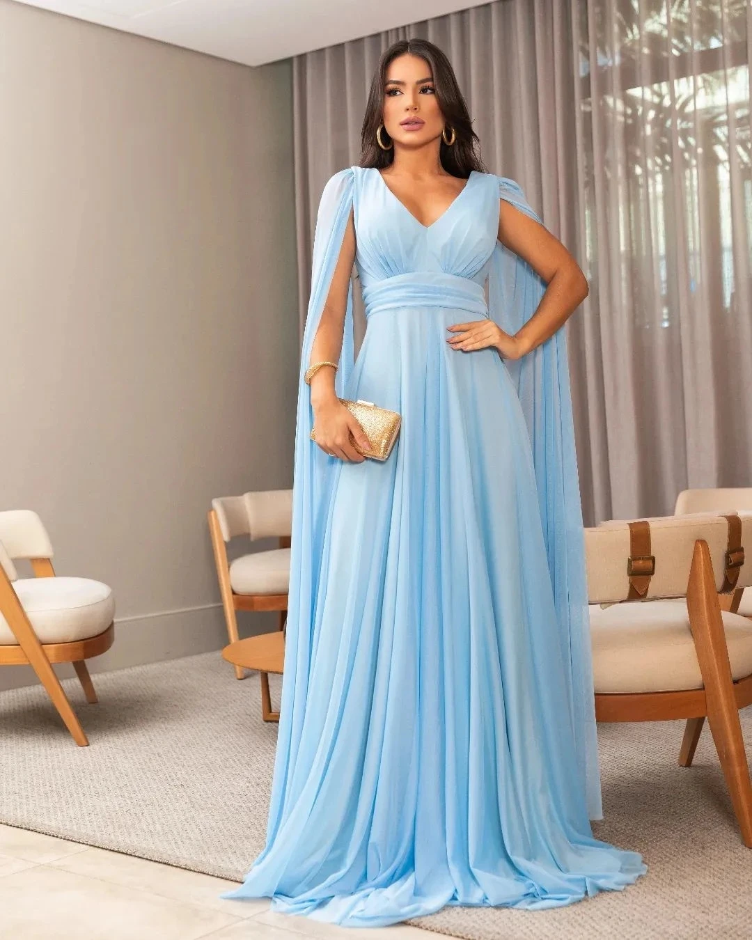 

ANGELSBRIDEP небесно-голубые длинные вечерние платья для женщин Vestidos De Festa с накидкой шифоновые трапециевидные Формальные Выпускные платья на заказ