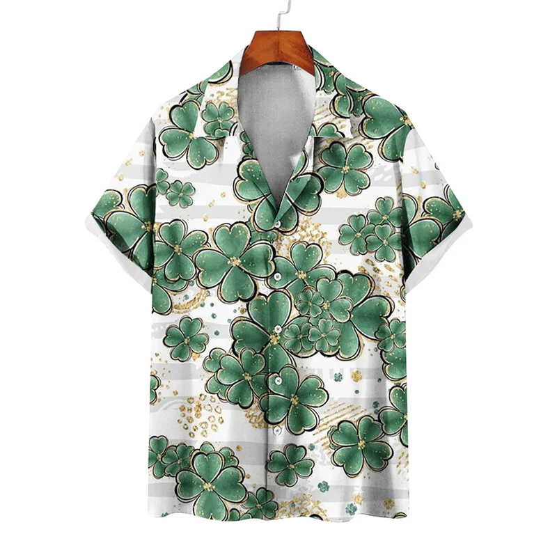 thumbnail image 1 of Camisas de verano con estampado de trébol de cuatro hojas para hombre y mujer, camisas casuales de manga corta con solapa, estilo hawaiano, para playa, estilo urbano, 1 of 5