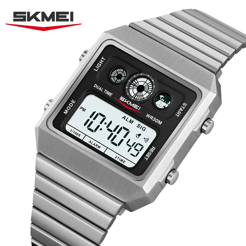 SKMEI 2450 LED Display Shockproof Waterproof Electronics Watches Digital Wristwatch for Men Stainless Steel Watch Reloj Hombre