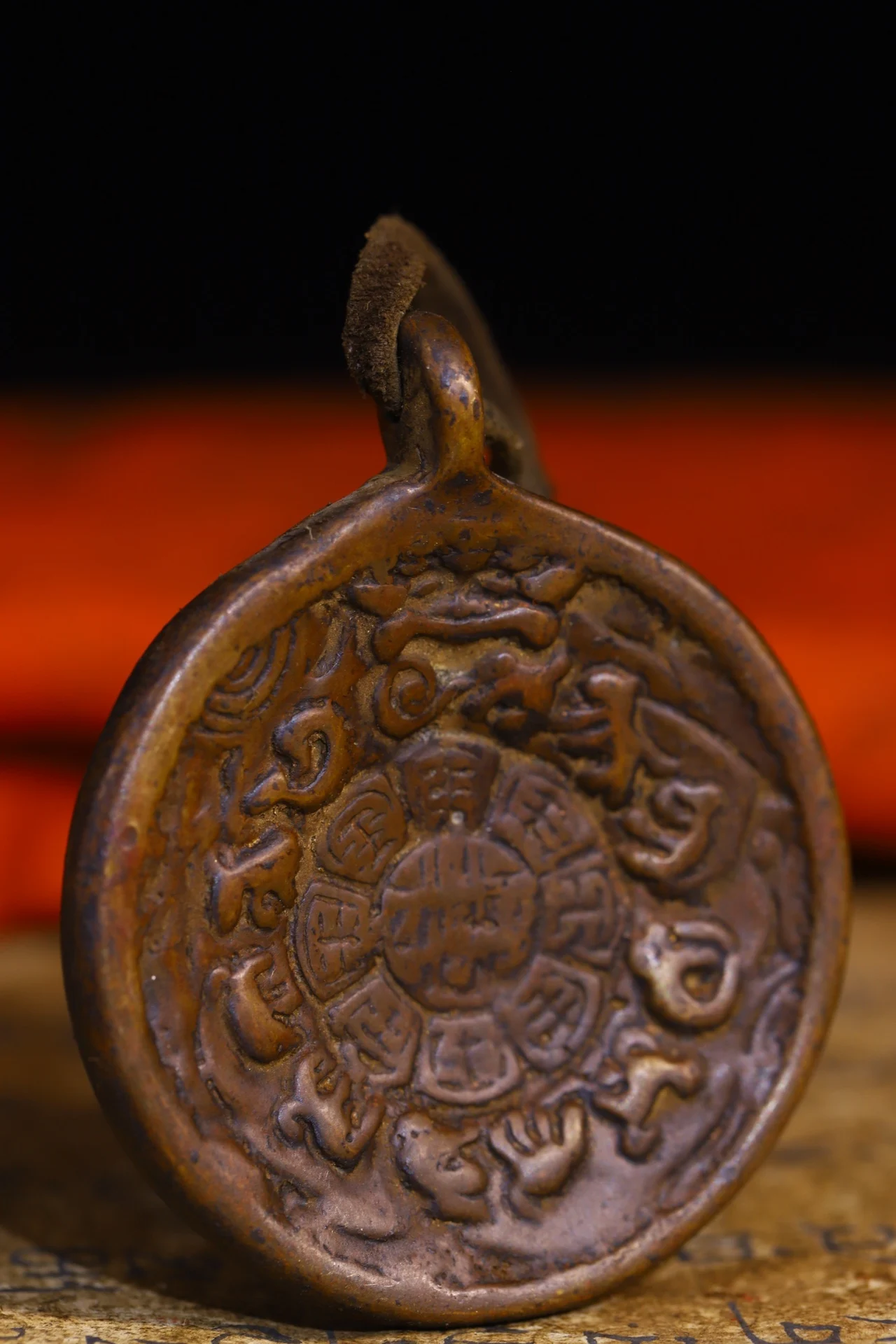 2"Tibetan Temple Collection Old Bronze Cinnabar Ganesha Geneisha Zodiac Animal Buddha Card Pendant Amulet Town house 6