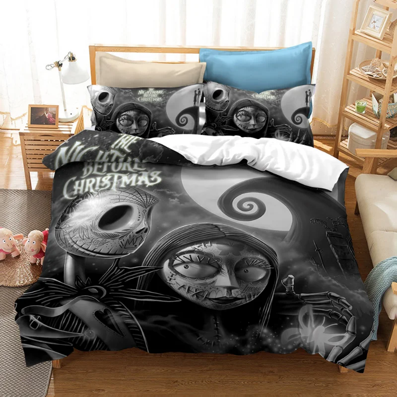 Juego de ropa de cama pesadilla antes de Navidad, decoración del Día de San Valentín, funda nórdica suave, Jack y Sally, funda de cama de dibujos animados, King Twin