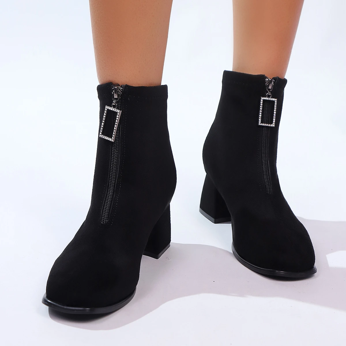 Aphixta Crystal Buckle Zipper Ankle Boots Women Big Size 43 Cow Suede Black Round Toe Heels Shoes 6cm High Heel Ankle Boot Woman