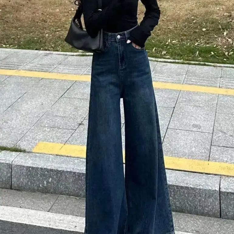 Jeans High Waisted Wide Leg Pants Slim Retro Washed Women'S 2024 Spring New Large Size Korean Style Floor-Mopping Pants Trendy