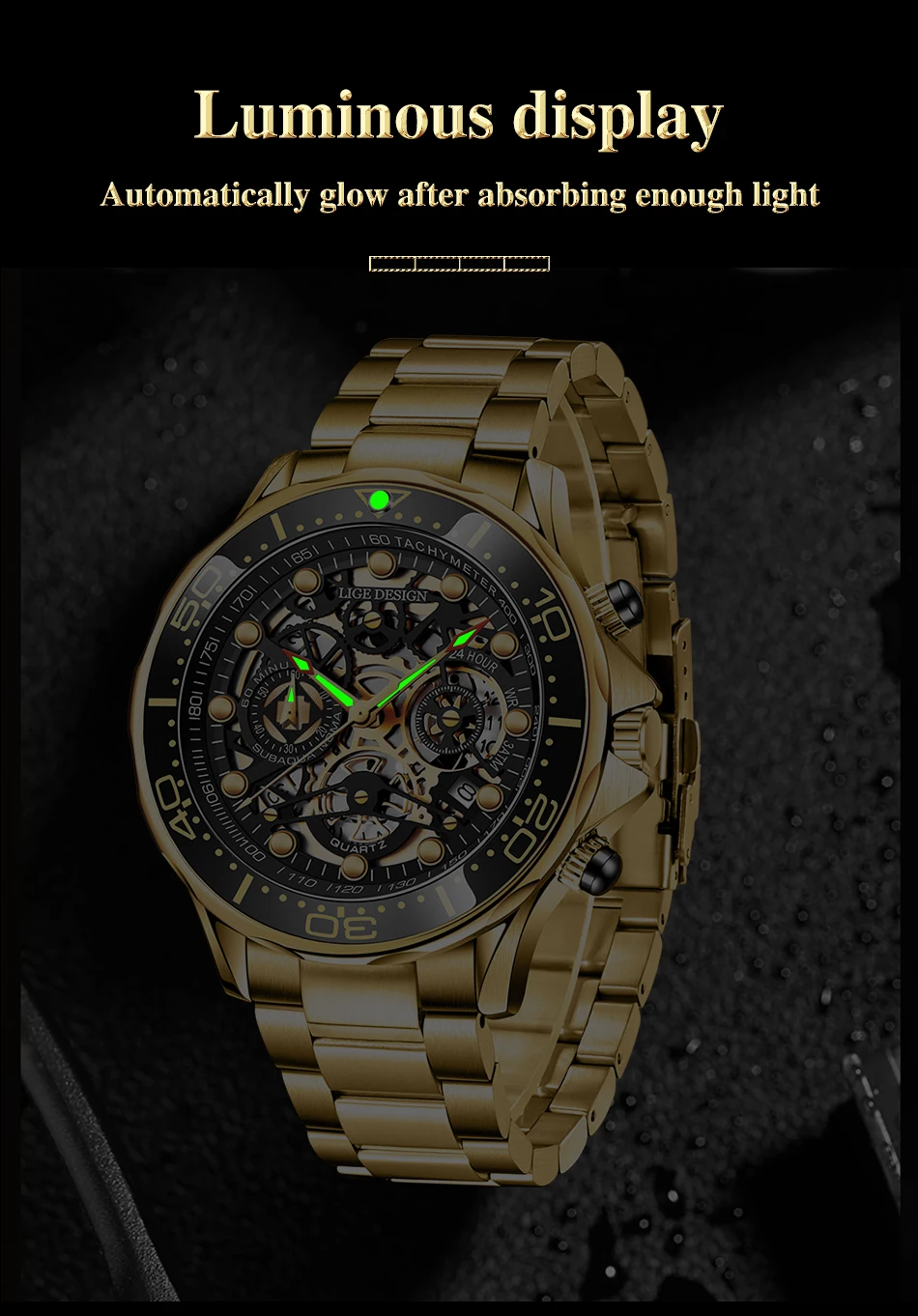 LIGE Fashion All Gold Mens Watches Top Brand Luxury Stainless Steel Quartz Watch For Men Waterproof Sport Clock Male Chronograph