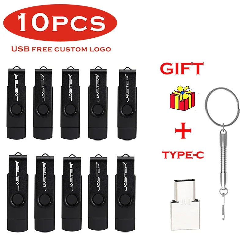 

JASTER Rotatable USB Flash Drive 128GB 10 PCS LOT Memory Stick 64GB OTG 3 in 1 PenDrive 32GB TYPE-C USB Stick 16GB 8GB 4GB Black