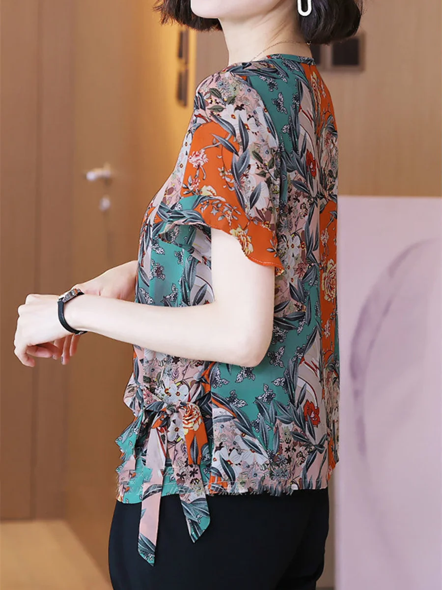 4XL Women Spring Summer Blouses Shirts Lady Fashion Casual Short Sleeve O-Neck Collar Retro Printing Button Blusas T