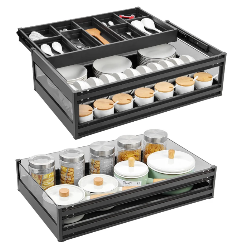 Kitchen storage accessories pull basket kitchen cabinet three-layer drawer bowl basket space aluminum middle drawer bowl rack st
