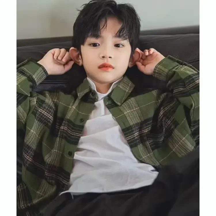 New Spring/Autumn Loose-Fit Trendy Children's Plaid Shirt Long Sleeve For Boys Fashionable Chinese Style Top