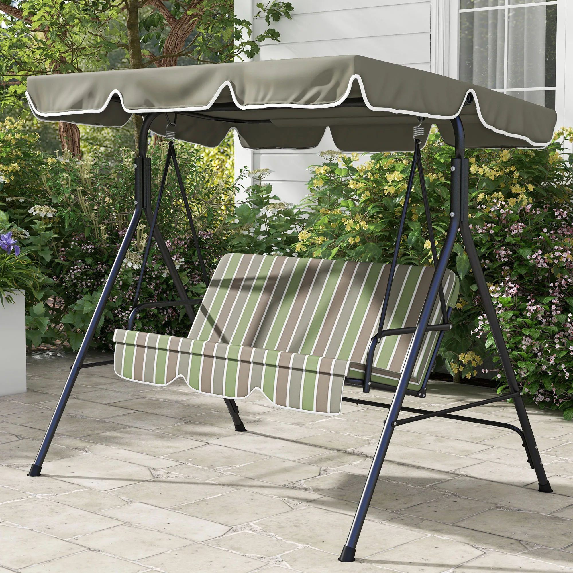 3-Seat Outdoor Patio Swing W/ Canopy & Cushion, Beige & Green 2