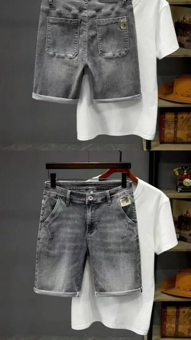 Summer Thin 2025 Denim Short Pants Men's Ruffian Handsome Straight Korean Trendy Brand Embroidered High-end Work Denim Shorts