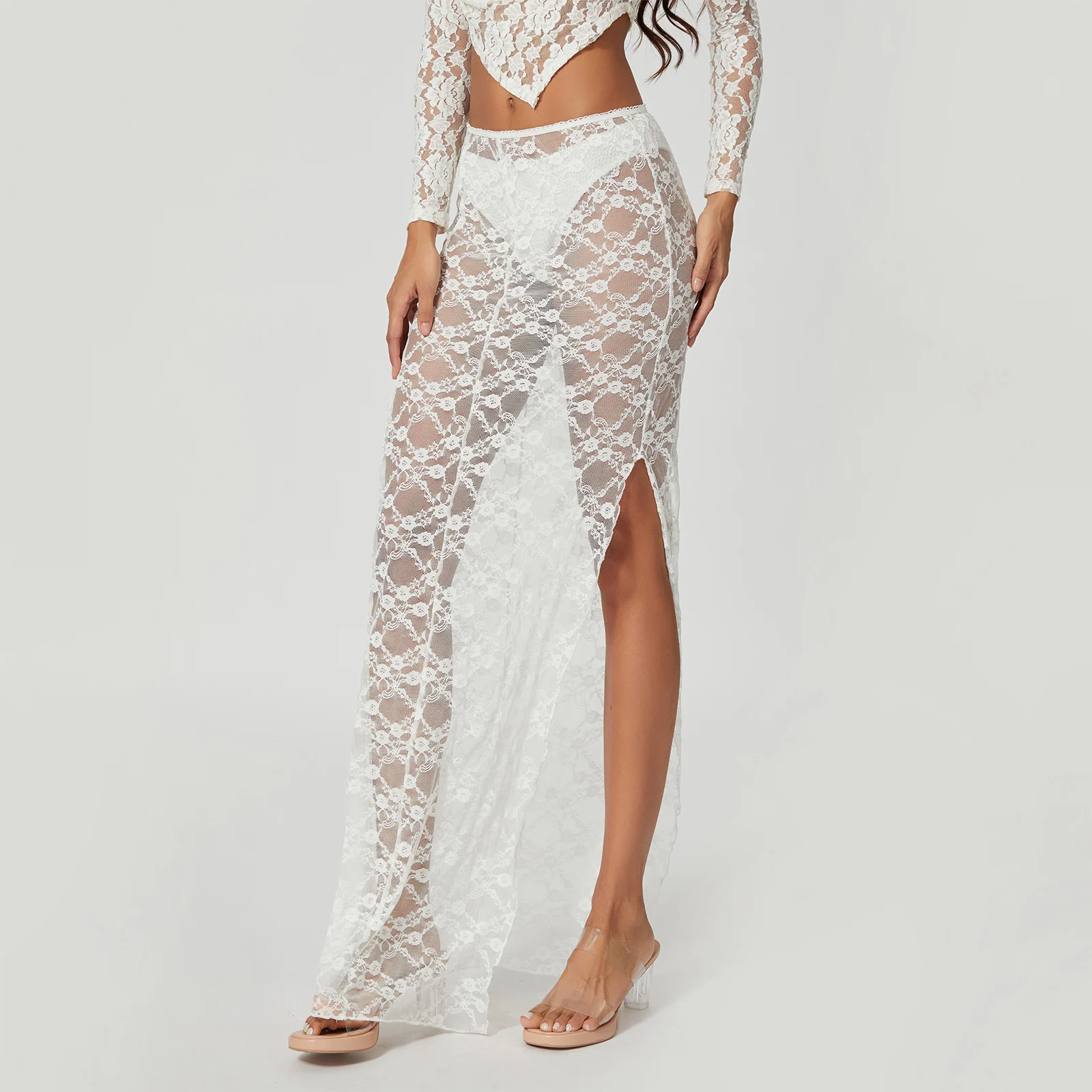 

Summer Lace Long Skirt Low Waist Thigh Slit See-Through Skirt for Beach Party Women's Clothing