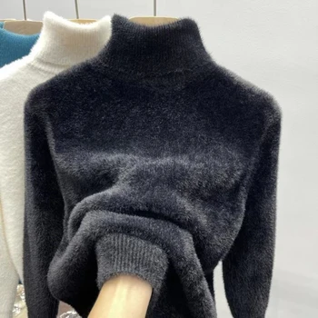 Women's Turtleneck Sweater Faux Mink Top for Women Solid Plush Thickened Warm Bottoming Shirts Basic Knitwear Thermal Pullovers 1