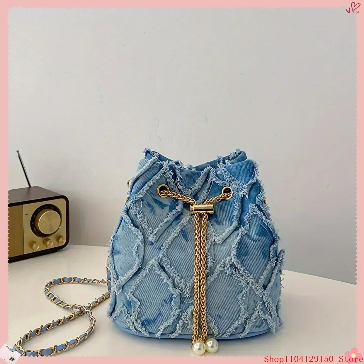 Denim Style Bucket Bag Large Capacity Polyester Lining Drawstring Closure 1pc denim bucket bag
