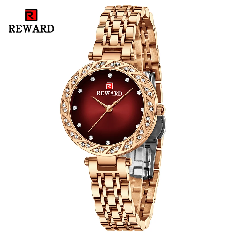 REWARD New Women Wristwatch Fashion Luxury Quartz Watches Diamond Solid  Steel Strap Scratch-free Glass Gift for Mother Wife Girl