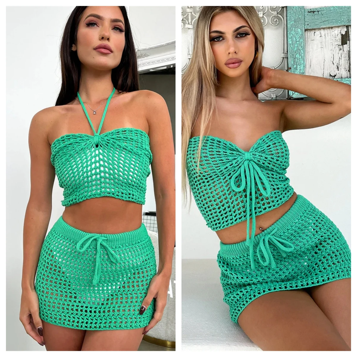 

Women's Summer Knitted Bikini Cover-ups 2PCS Hollow Out Beachwear Crochet Cover-ups Sets Beach Halter Top with Cover Skirts Set