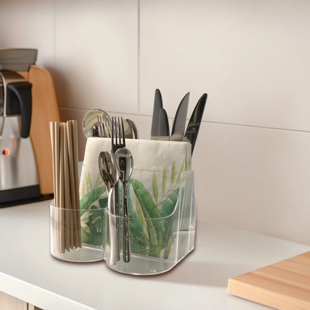 5 Compartment Classic Acrylic Napkin Holder with Cutlery Organizer Caddy Bin, For Spoons, Forks, Knives & Cups Divided Storage! 3