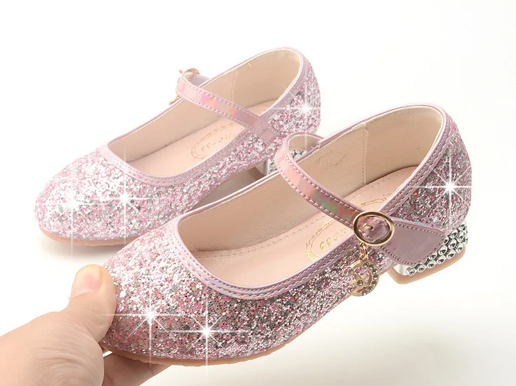 Princess Kids Leather Shoes Girls Flower Casual Glitter Rhinestone Crystal Heel Children High Heel Party Dance Performance Shoes