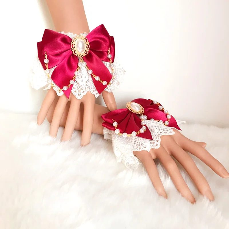 

Japanese Lolita Bowknot Lace Hand Wrist Cuffs Kawaii Maid Cosplay Party Sweet Girl Bracelet Hand Sleeve Gothic Dress Accessories