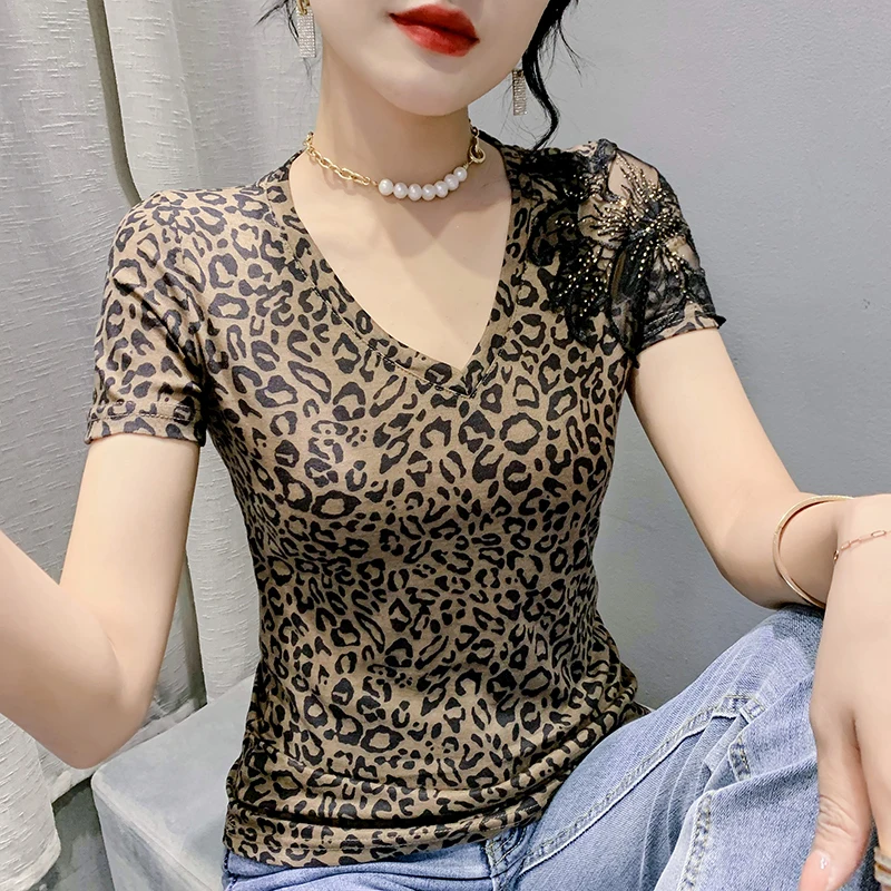 

2023 New Summer European Clothes Cotton T-Shirt Chic Sexy Patchwork Diamonds Print Leopard Women's Tops Short Sleeve Tees 33041
